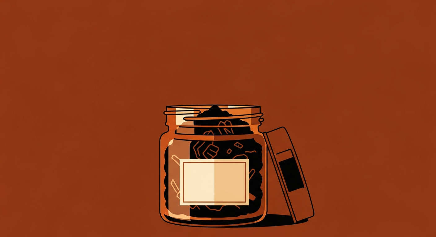 Amber glass jar of shilajit resin, editorial illustration