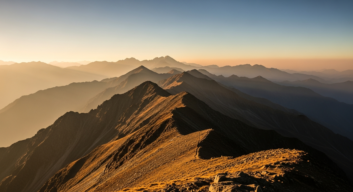 Himalayan mountain ridgeline at golden hour