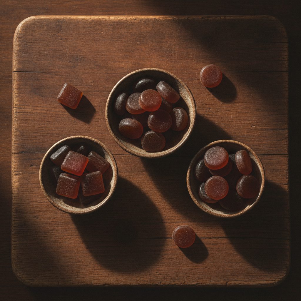 An assortment of dark shilajit gummies in dishes on a wooden board, an honest look at the best shilajit gummies