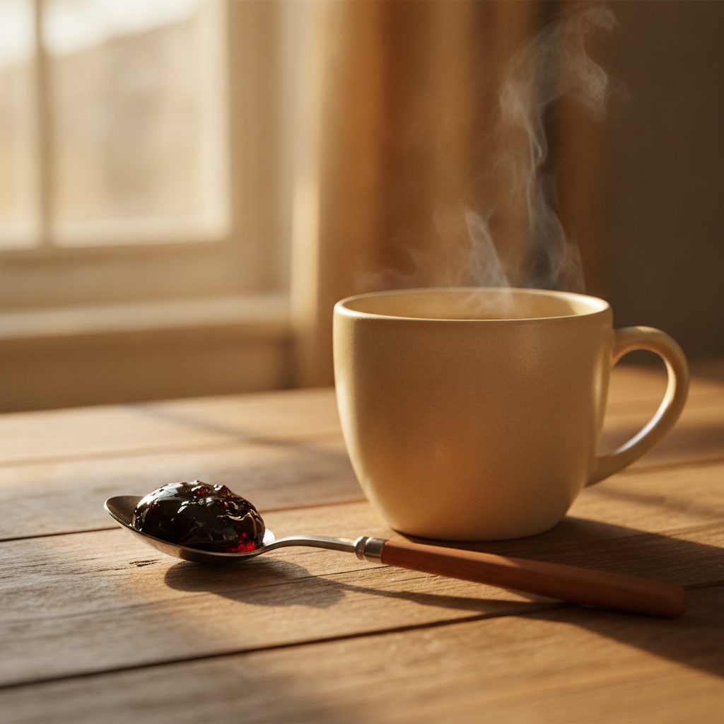 Dark shilajit resin on a spoon beside a warm mug, illustrating the best time of day to take shilajit
