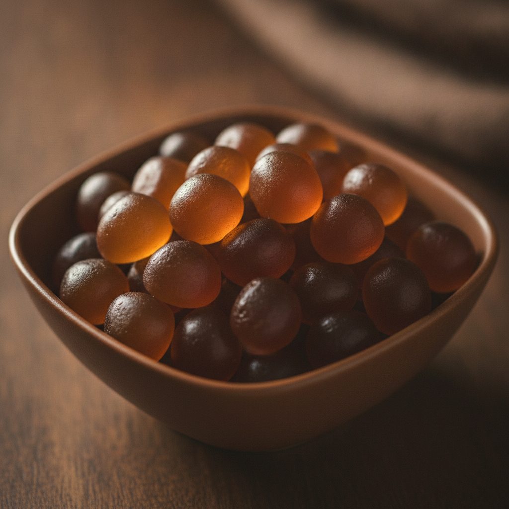 Dark amber-brown shilajit gummies in a small dish, part of a multi-format shilajit brand assessment