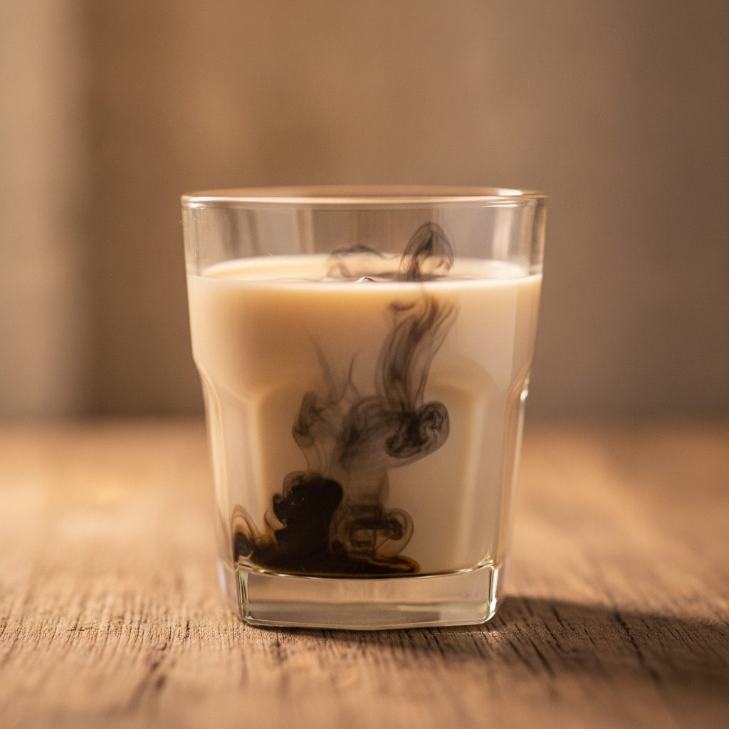 Dark shilajit resin dissolving in warm milk, a common preparation when women take shilajit