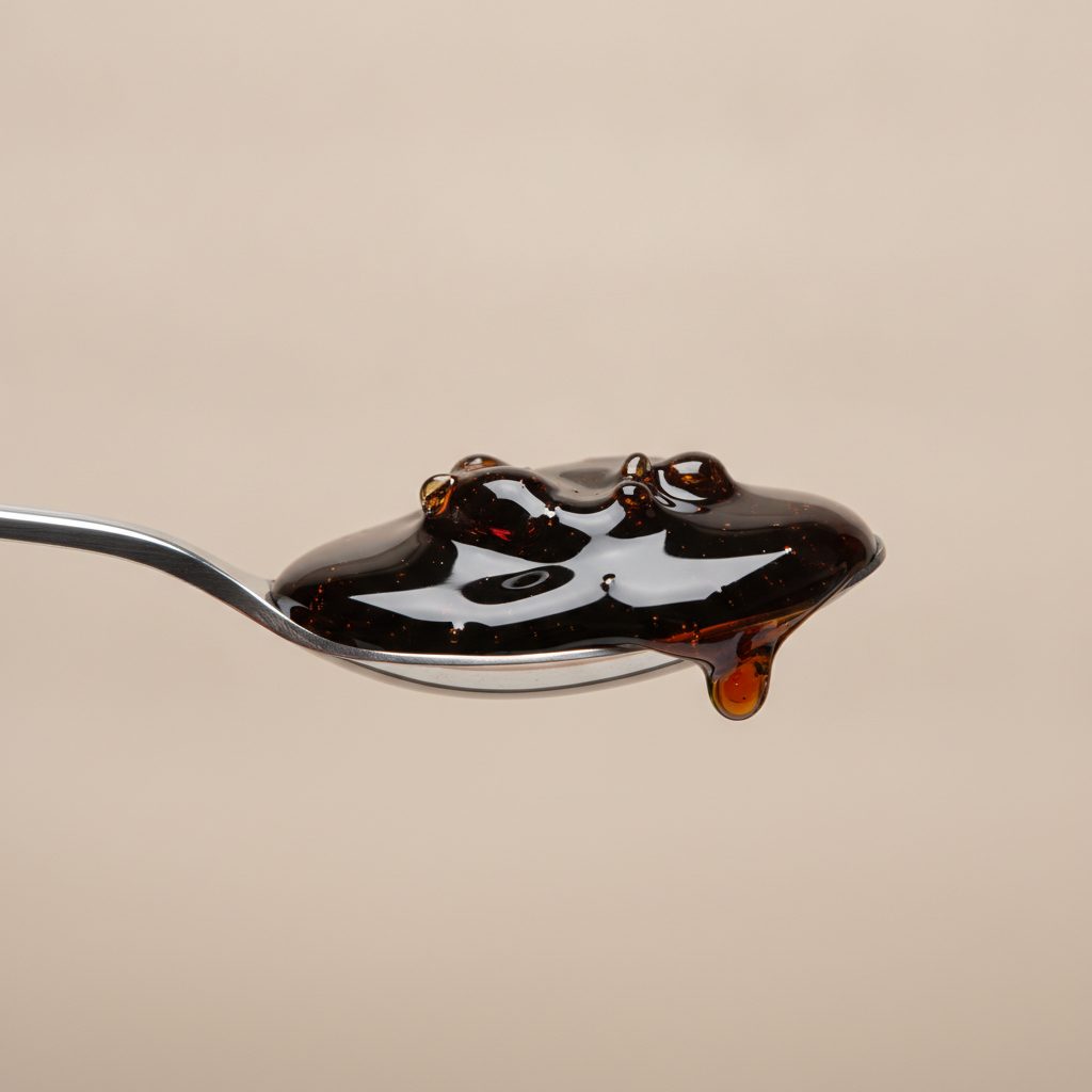Glossy dark shilajit resin on a clean spoon, a product macro for a premium shilajit brand assessment