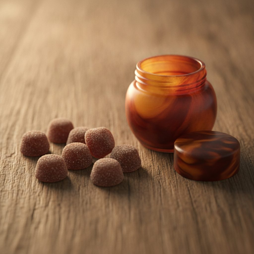 Dark shilajit gummies beside a resin jar, comparing shilajit gummies with concentrated resin