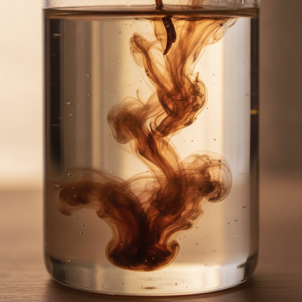 Dark shilajit resin dissolving in a glass of warm water, a real look at how shilajit works in practice