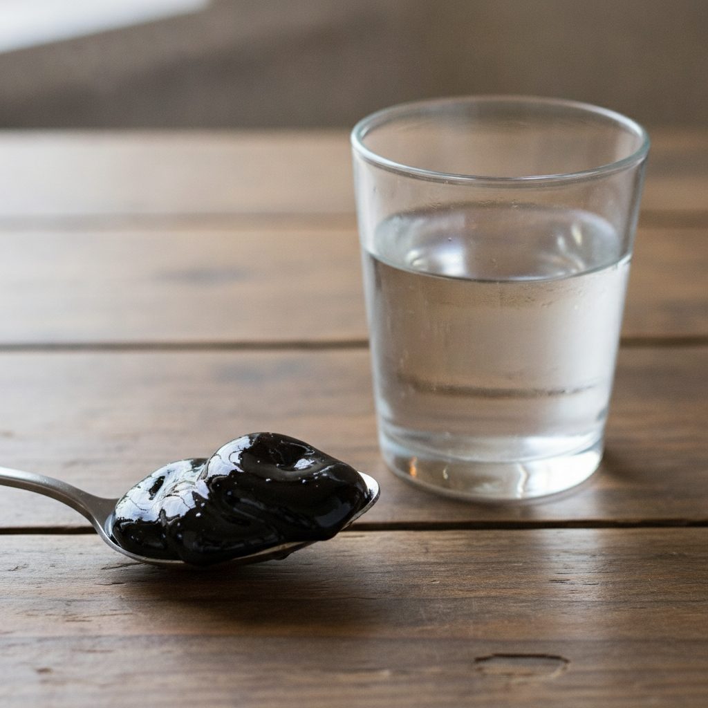 Dark shilajit resin on a spoon beside water, a neutral look at shilajit size and muscle claims