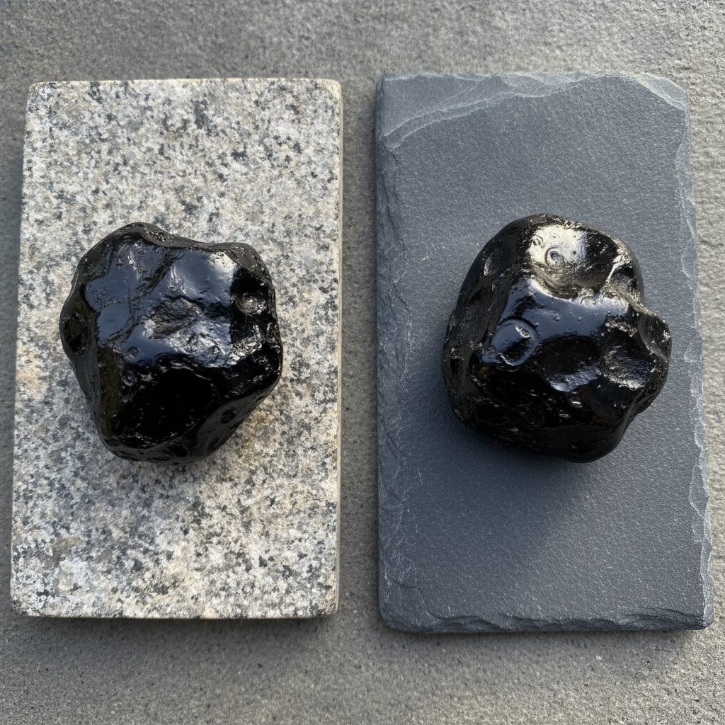 Two dark shilajit resin samples on different grey stones, comparing Himalayan and Altai shilajit sources