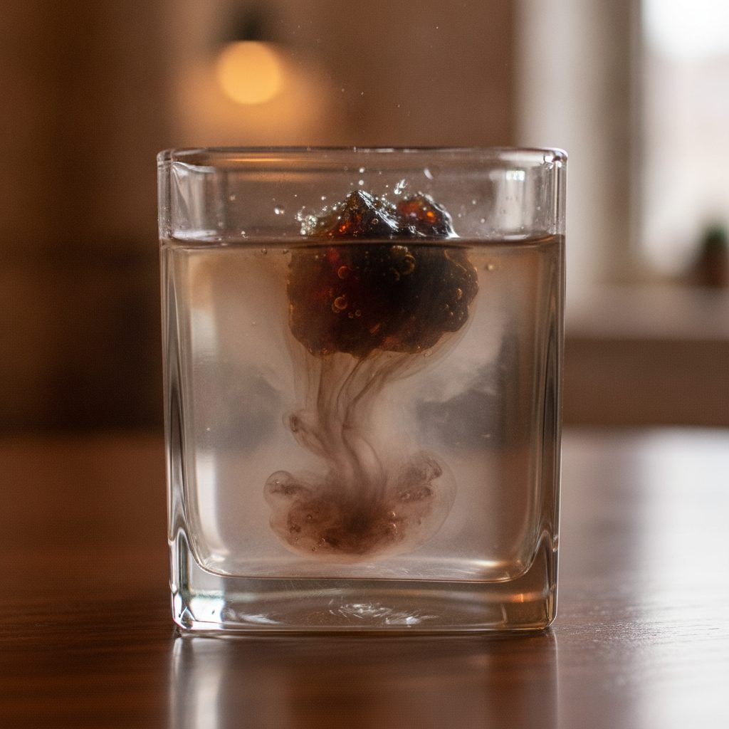 Dark shilajit resin slowly dissolving in warm water, a metaphor for how long shilajit takes to work