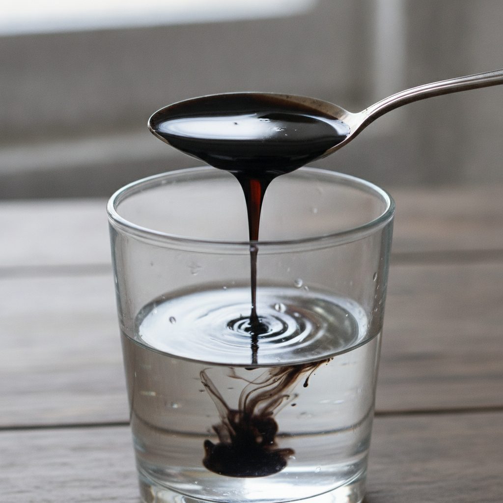 Dark shilajit resin on a spoon over a glass of water, illustrating a sensible daily shilajit amount