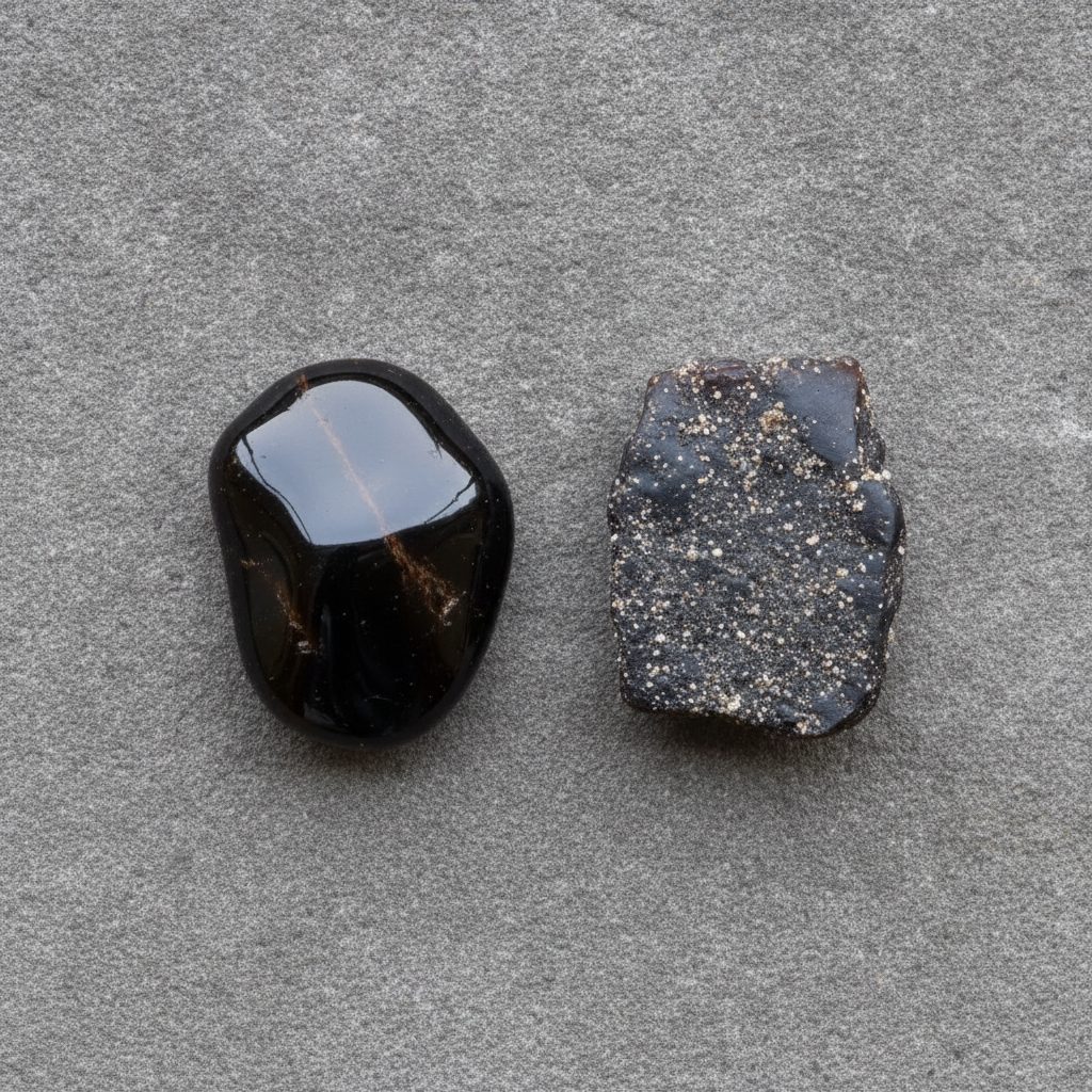 Two dark shilajit resin samples on stone, one glossy and one dull, comparing real versus fake shilajit
