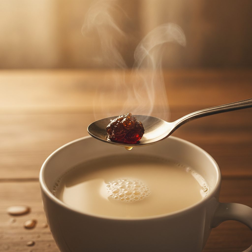 Pea-size dark shilajit resin on a spoon above warm milk, a step in how to take shilajit resin