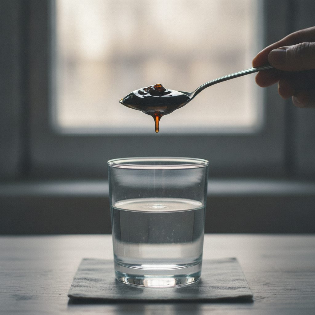 Dark shilajit resin on a spoon over a glass of water, a careful look at shilajit and kidney health