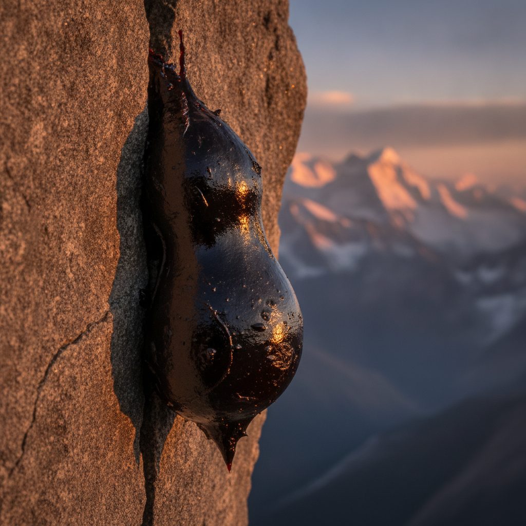 Dark shilajit resin on rock below Himalayan peaks, header for the shilajit science guide