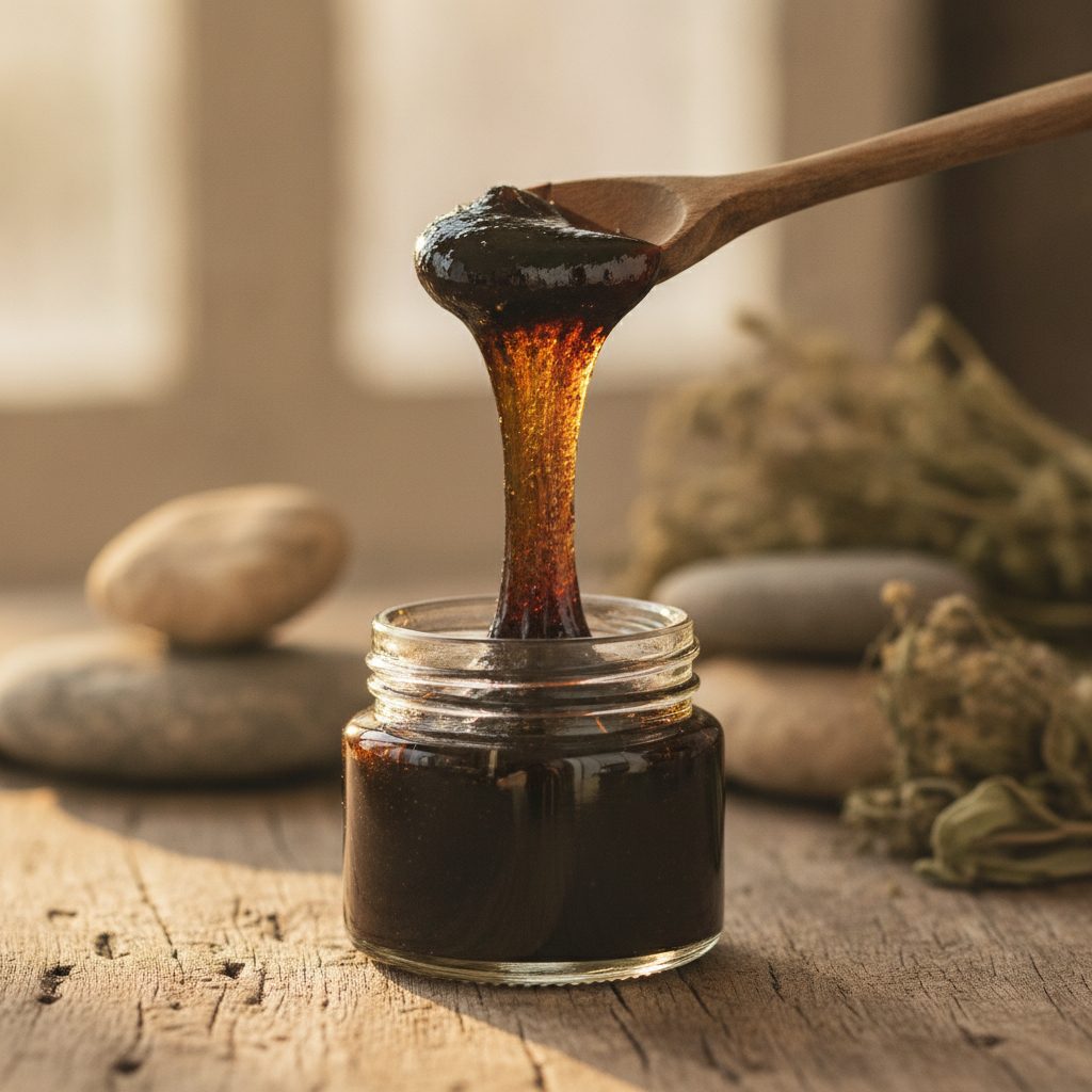 Dark shilajit resin lifted on a wooden spoon, header for the shilajit FAQ