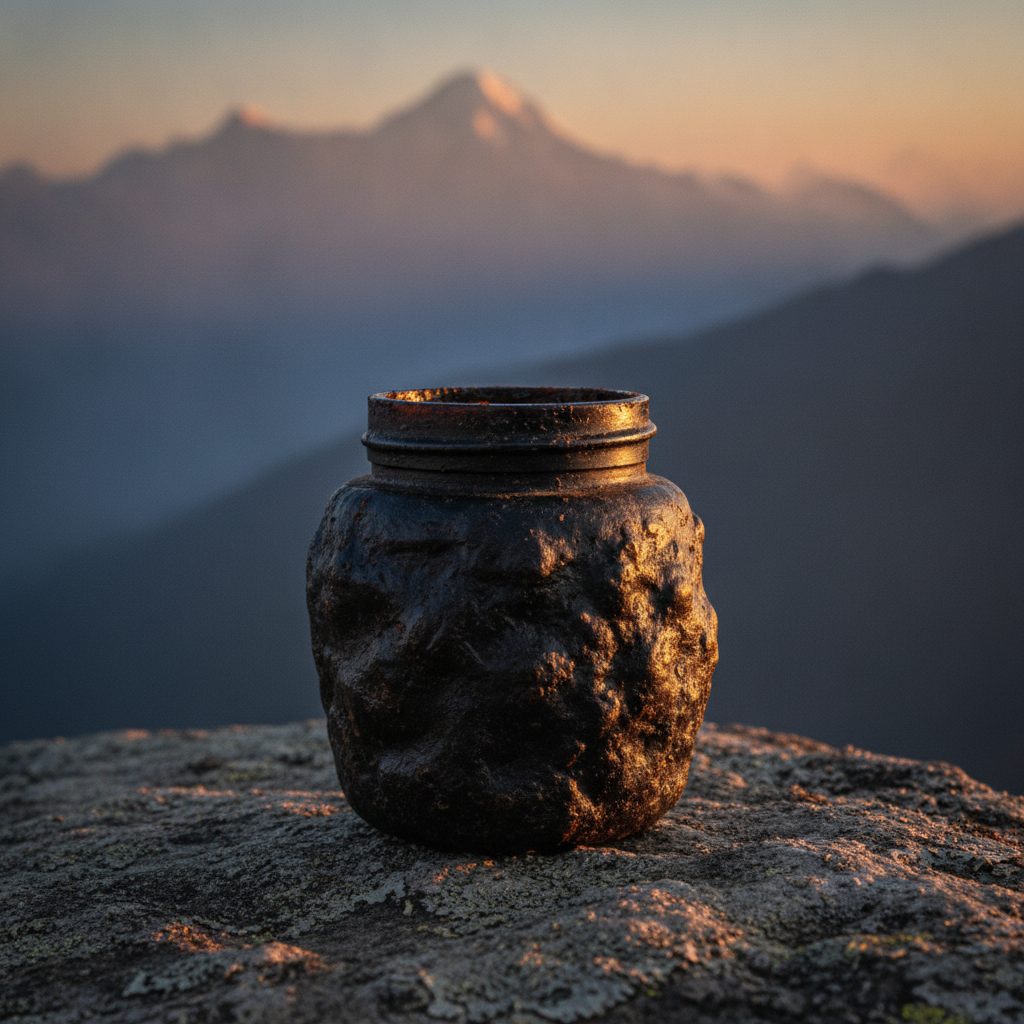 Dark shilajit resin jar before Himalayan mountains, header for the About page