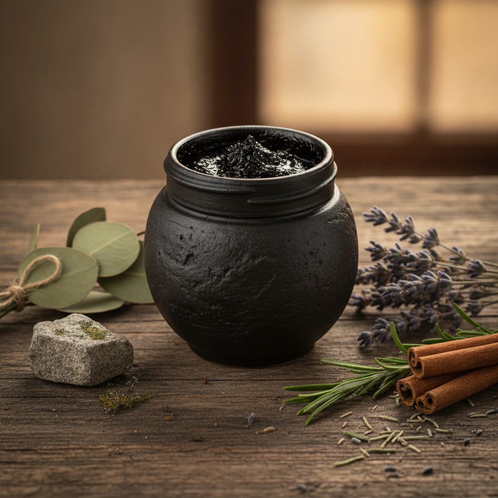 Dark shilajit resin jar with natural props, header for the shilajit benefits guide