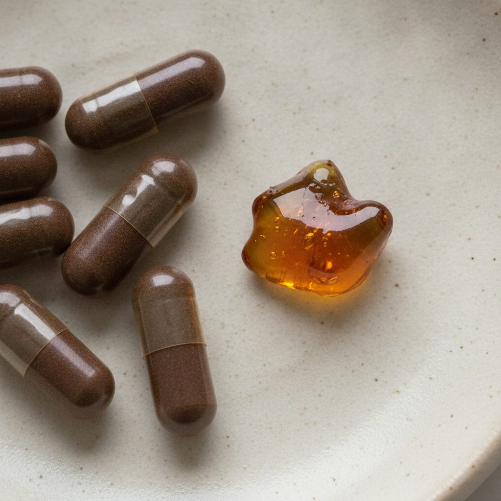 Dark shilajit capsules beside a glossy resin sample, illustrating a standardized shilajit brand assessment