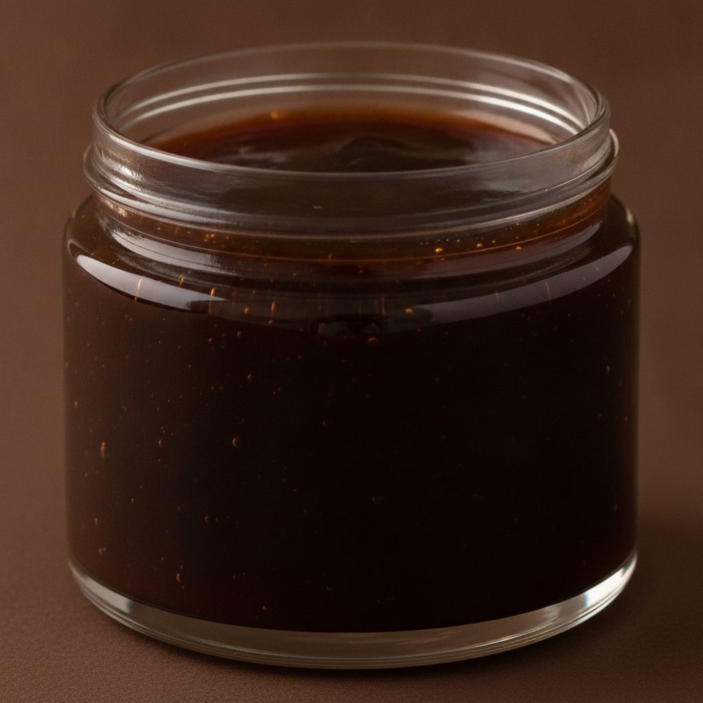 Close-up of glossy dark shilajit resin in an open unbranded jar, part of an evidence-based brand assessment