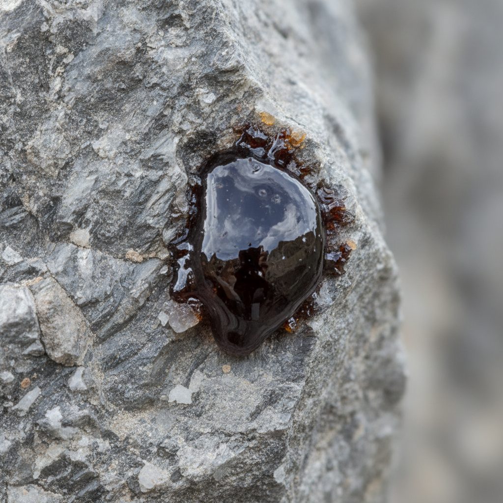 Raw dark shilajit resin seeping from grey Himalayan rock, the real source behind pure Himalayan shilajit