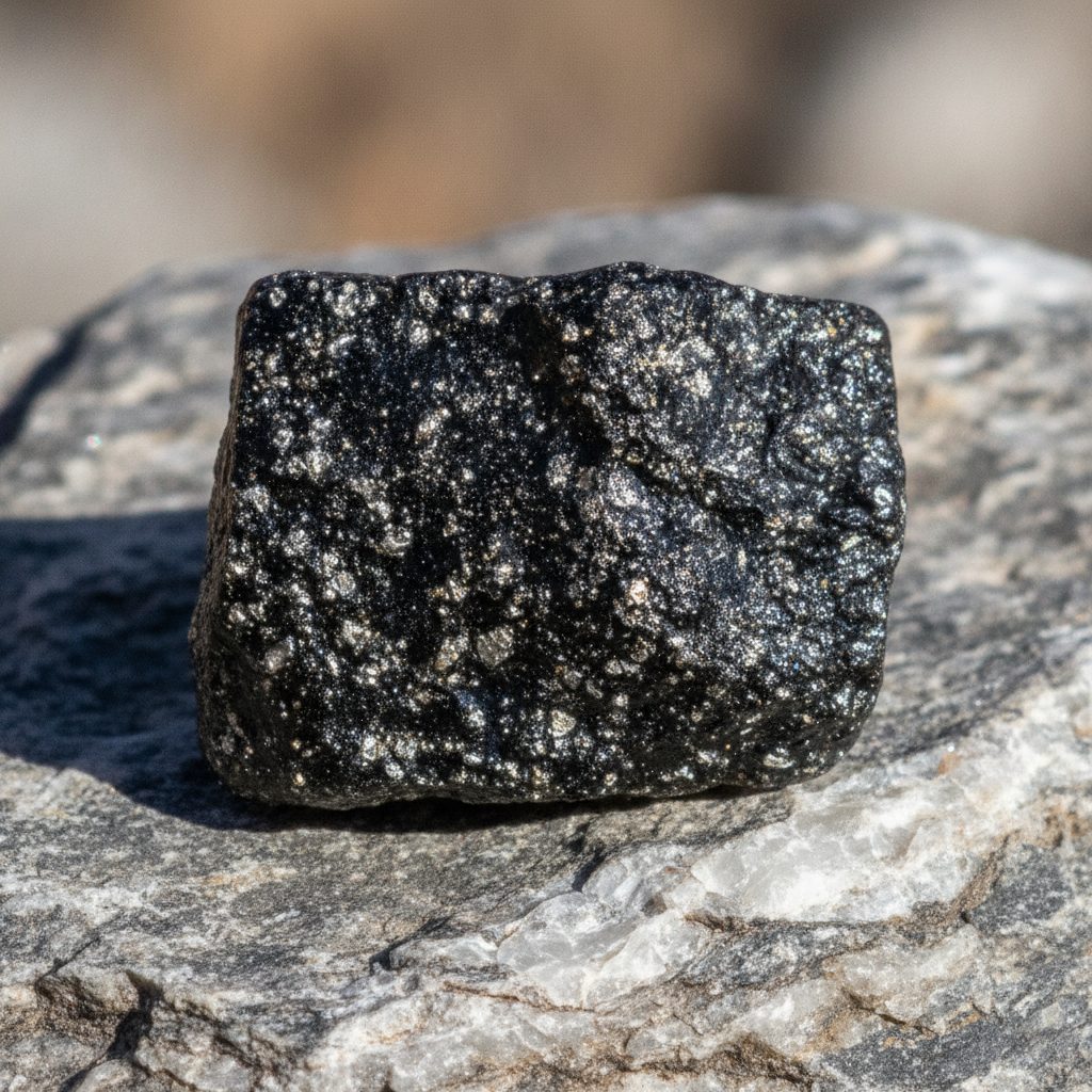 Raw dark shilajit resin with mineral speckles on grey rock, illustrating the real mineral content of shilajit