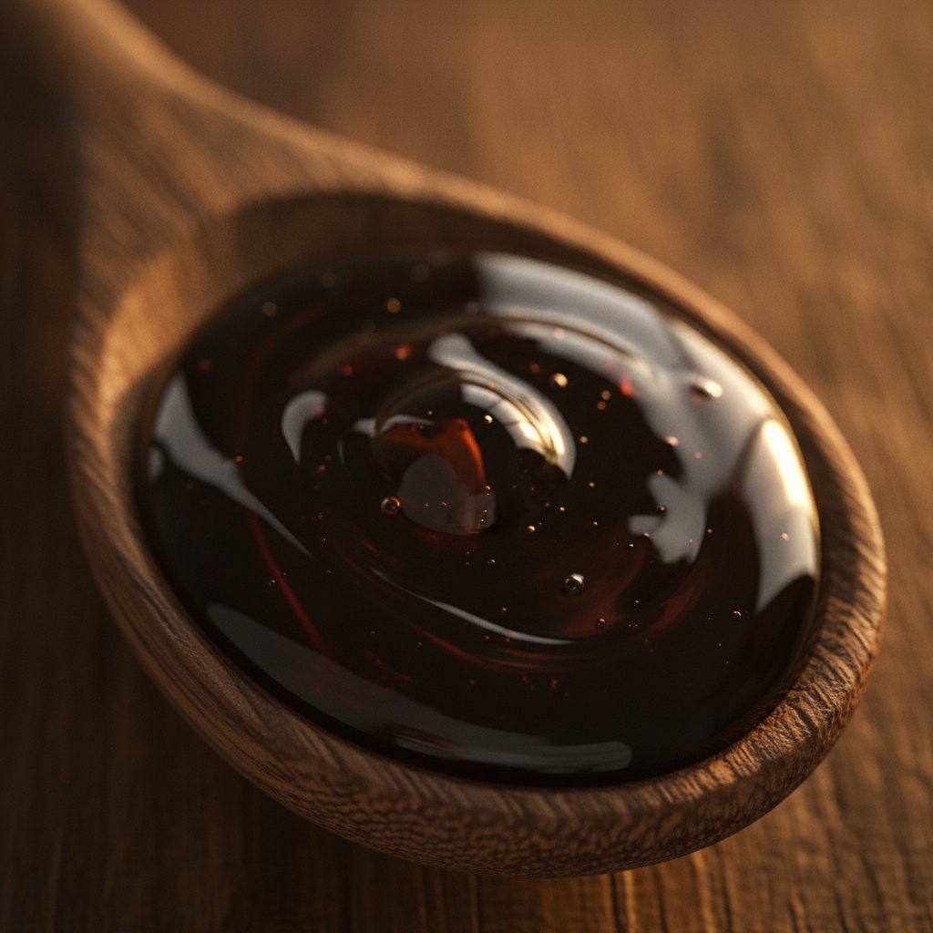 Close-up of glossy dark shilajit resin on a wooden spoon, related to shilajit and testosterone research