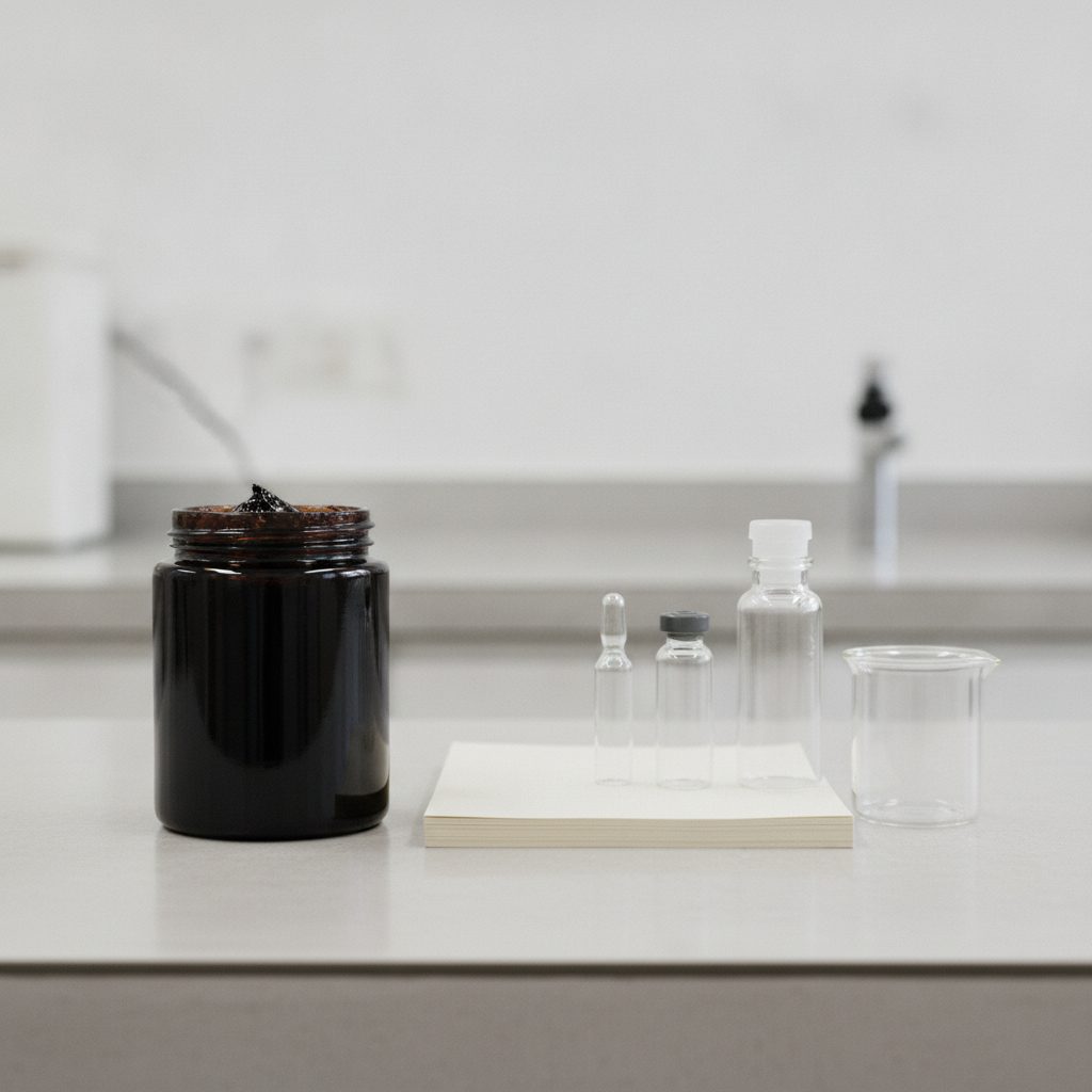 Dark shilajit resin jar beside lab paper and vials on a clean bench, about reading a shilajit lab certificate