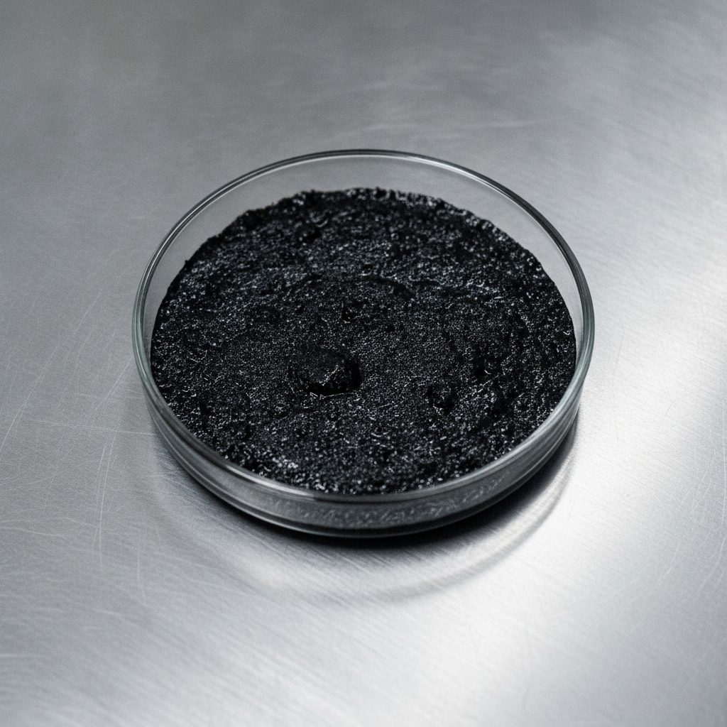 Dark shilajit resin sample in a lab dish on steel, representing third-party certificate of analysis testing