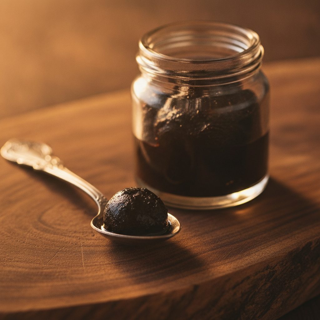 Pea-size portion of dark shilajit resin on a spoon beside a jar, showing a typical shilajit dosage
