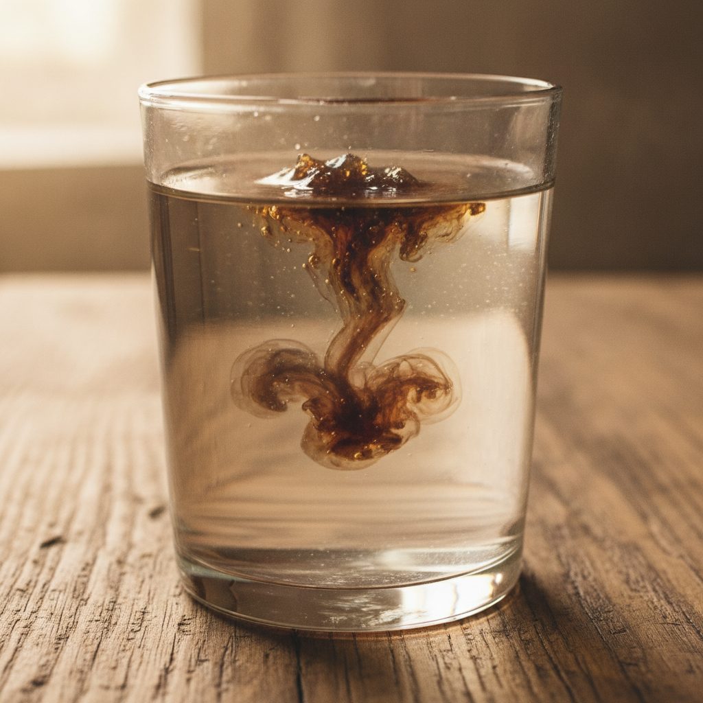 Dark shilajit resin dissolving in warm water, part of a guide to shilajit dosage and preparation