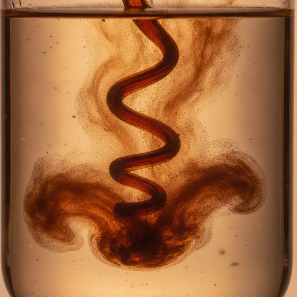 Dark shilajit resin swirling as it dissolves in warm water, a look at shilajit and daily energy