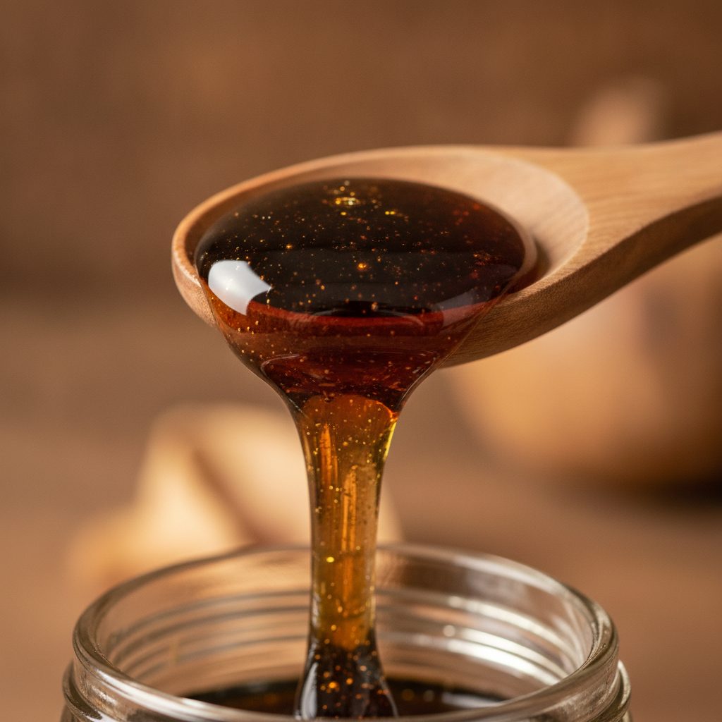 Glossy dark shilajit resin lifted on a wooden spoon, illustrating shilajit supplementation for men