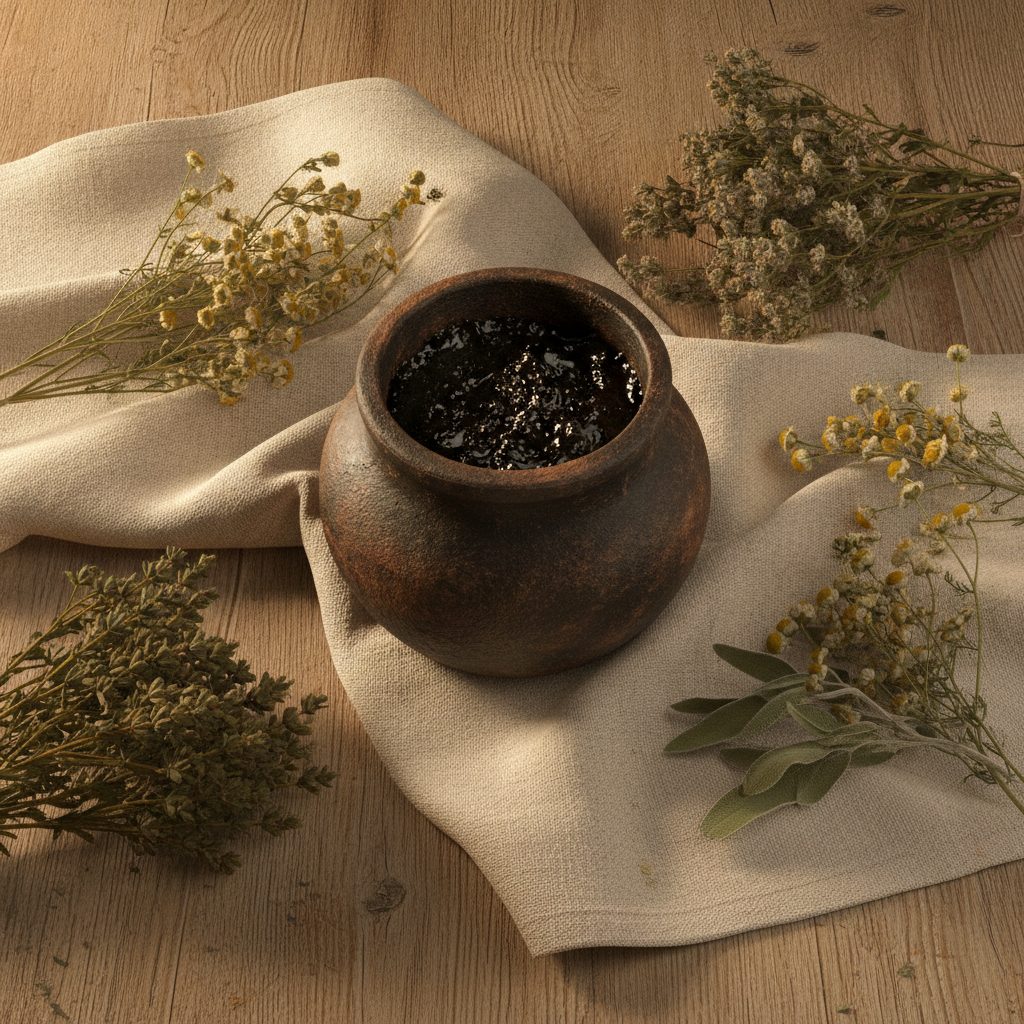 Dark shilajit resin jar with dried herbs and cream cloth, a measured look at shilajit for women