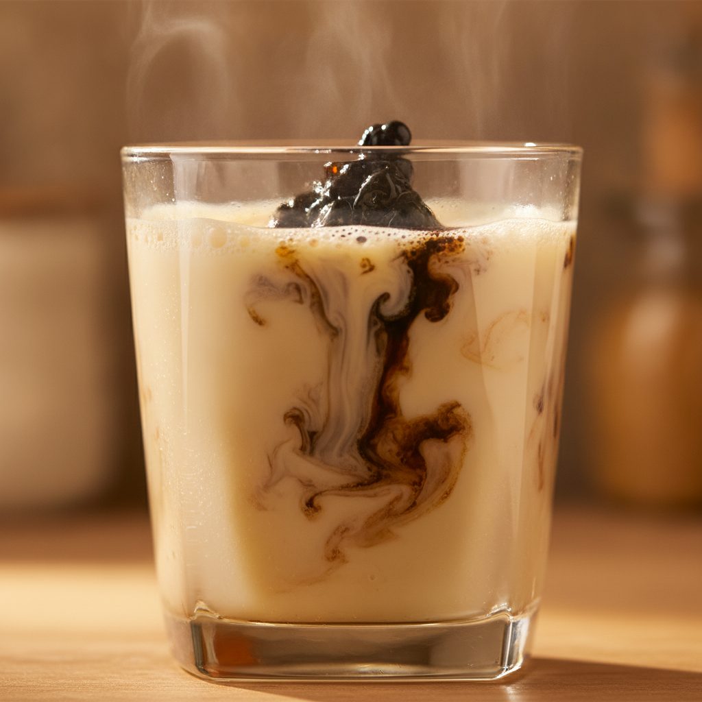Dark shilajit resin dissolving in a glass of warm milk, a common way women take shilajit