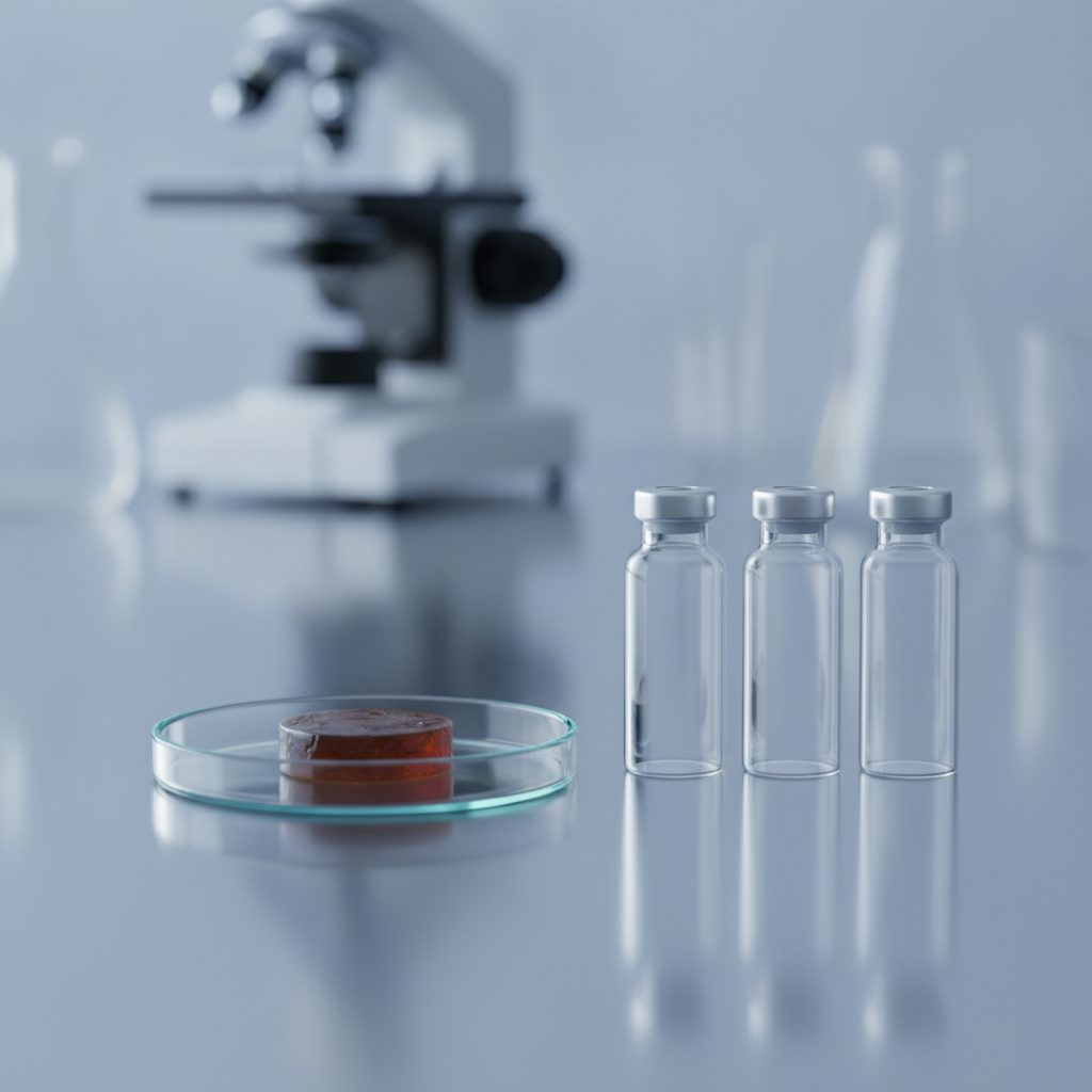 Dark shilajit resin sample in a glass dish beside lab vials on steel, representing heavy metal contamination testing