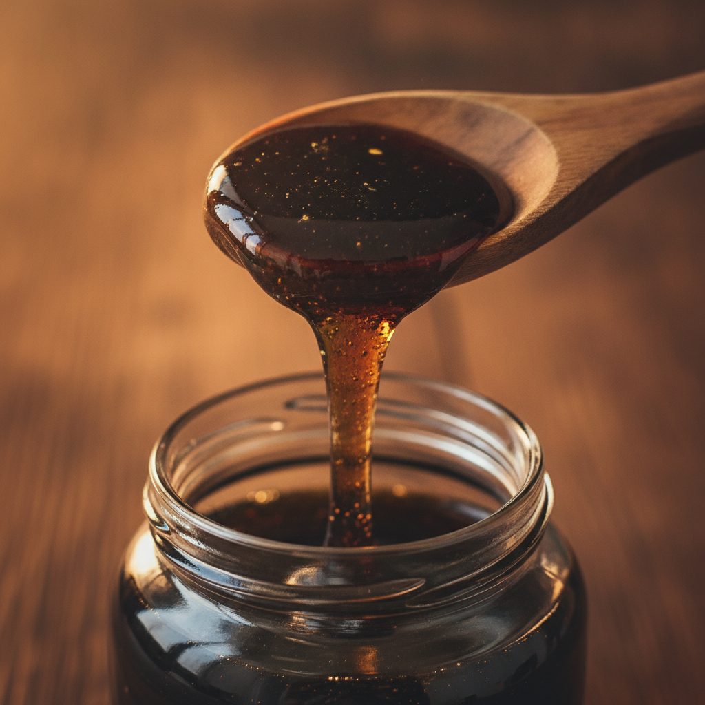 Glossy dark shilajit resin on a spoon above a jar, illustrating the real value of quality shilajit