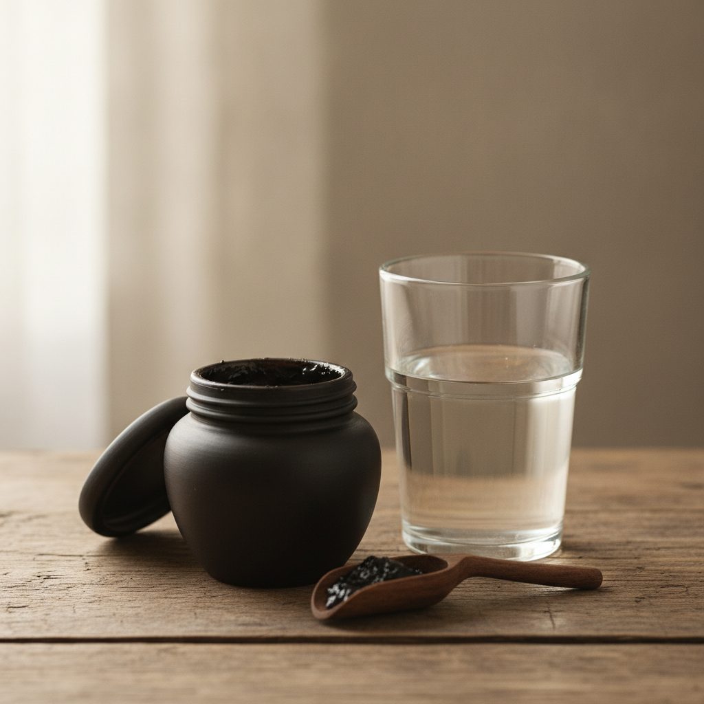 Dark shilajit resin jar beside a glass of water on wood, a calm scene about shilajit side effects and safety
