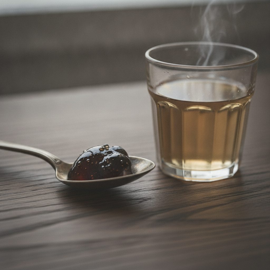 Small portion of dark shilajit resin on a spoon beside warm water, illustrating safe shilajit dosing and side effects