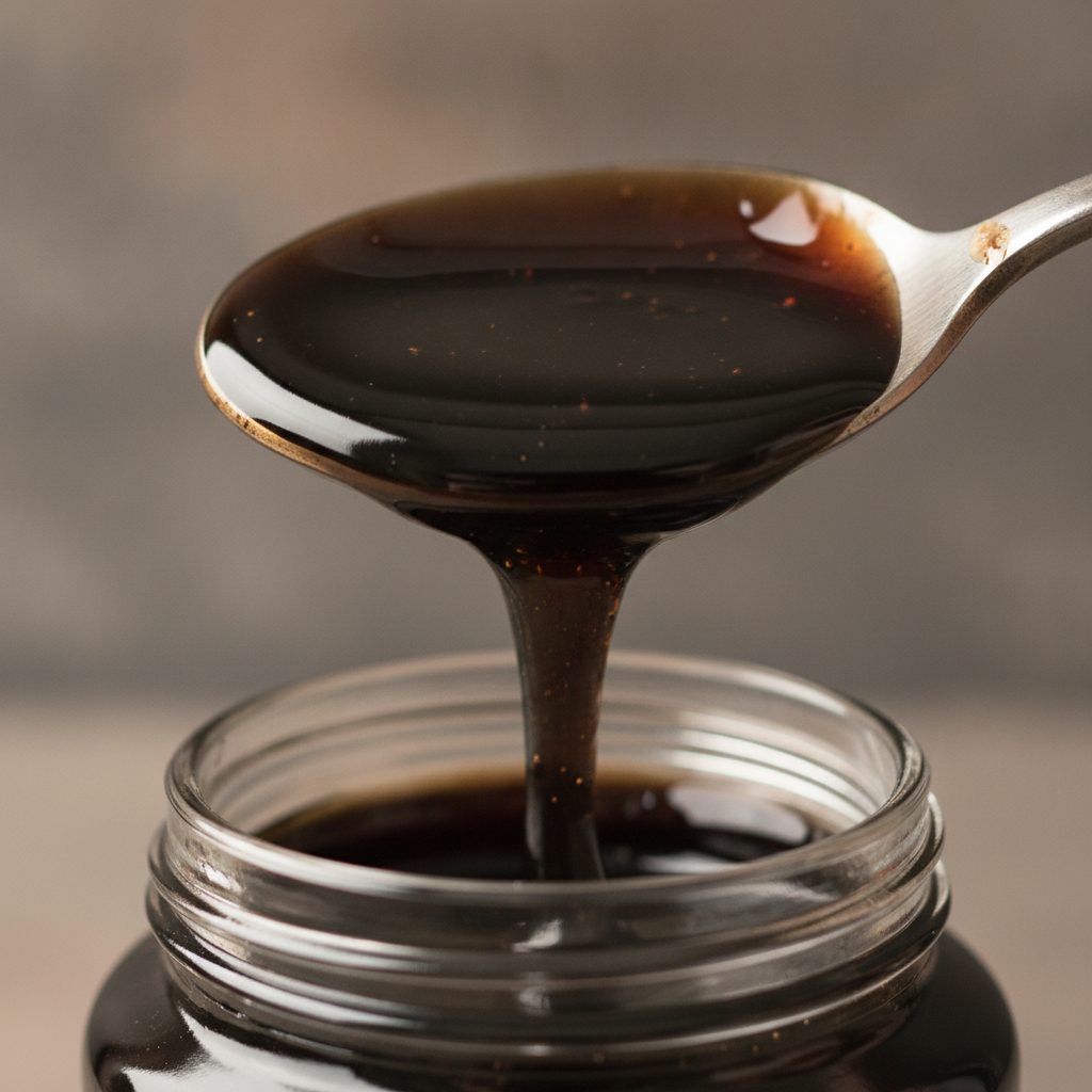 Glossy dark shilajit resin on a spoon over a jar, part of a transparency-focused shilajit brand assessment