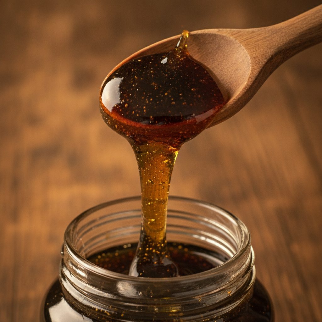 Dark shilajit resin lifted on a spoon above a jar, illustrating what shilajit is actually good for