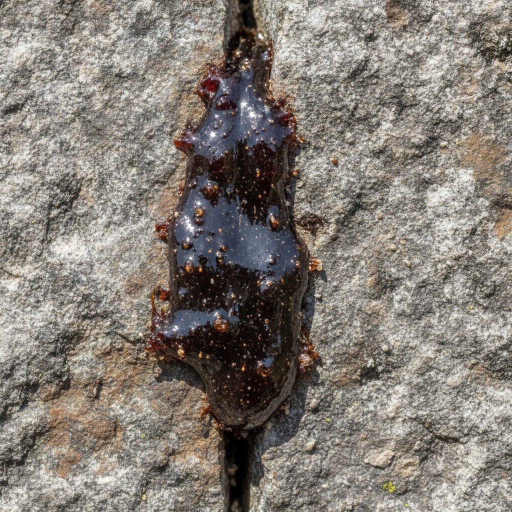 Raw dark shilajit resin seeping from a crack in grey Himalayan mountain rock, the natural source of shilajit