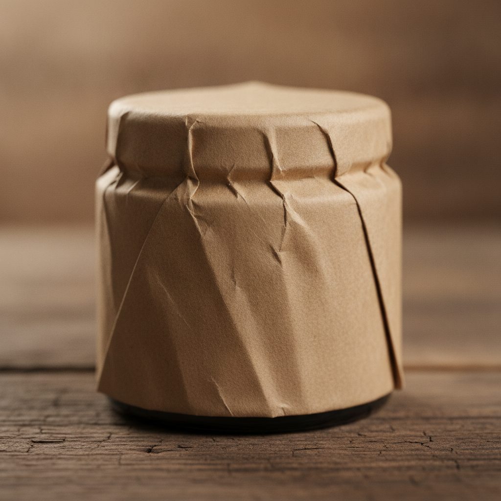 Dark shilajit resin jar in plain kraft paper on wood, representing safely buying and shipping shilajit